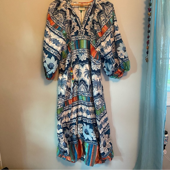 FARM RIO BLUE PALMS BALLOON SLEEVE DRESS SIZE MEDIUM NEW with TAGS - Picture 16 of 16